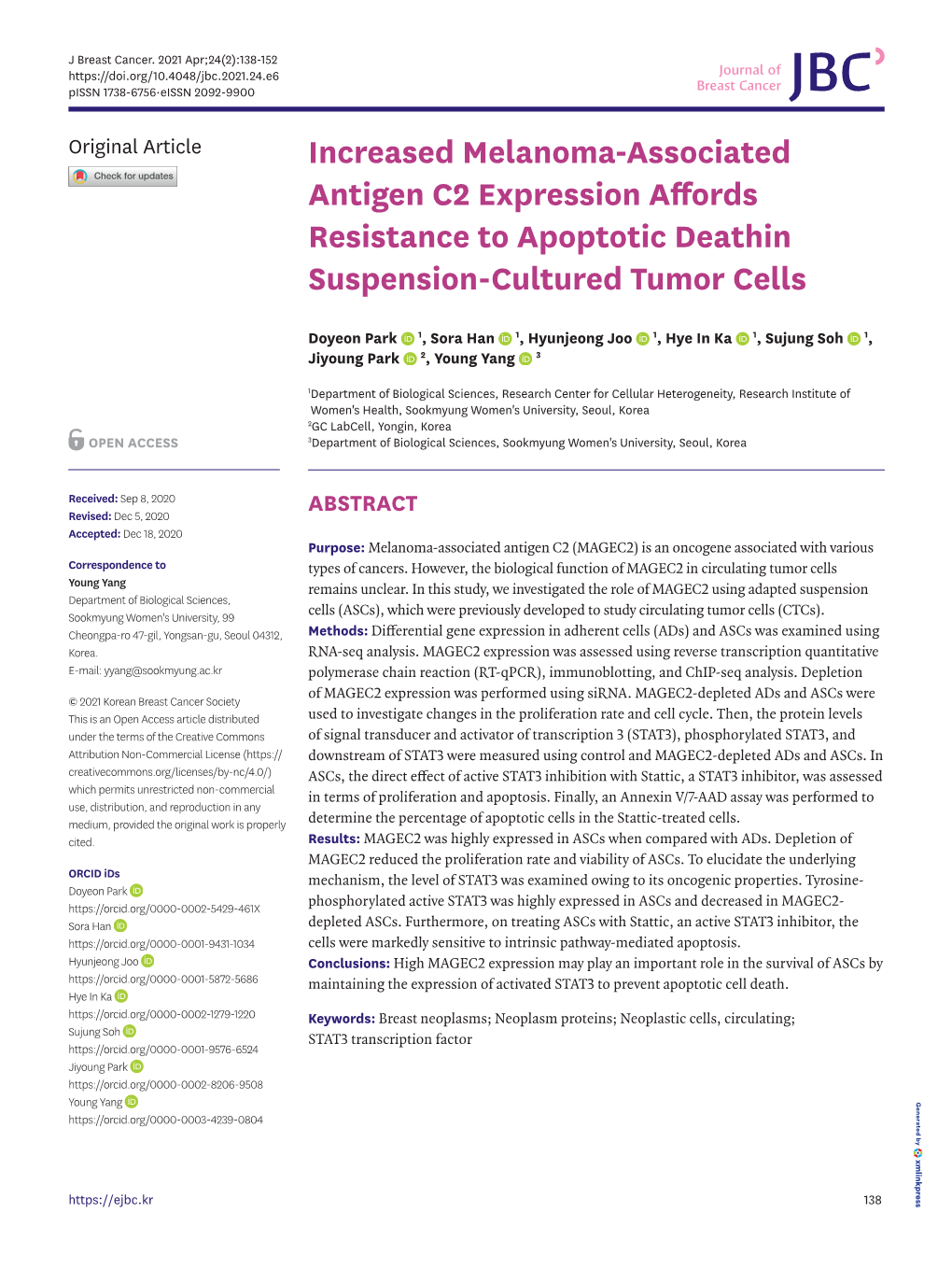 Increased Melanoma-Associated Antigen C2 Expression Affords Resistance to Apoptotic Deathin Suspension-Cultured Tumor Cells