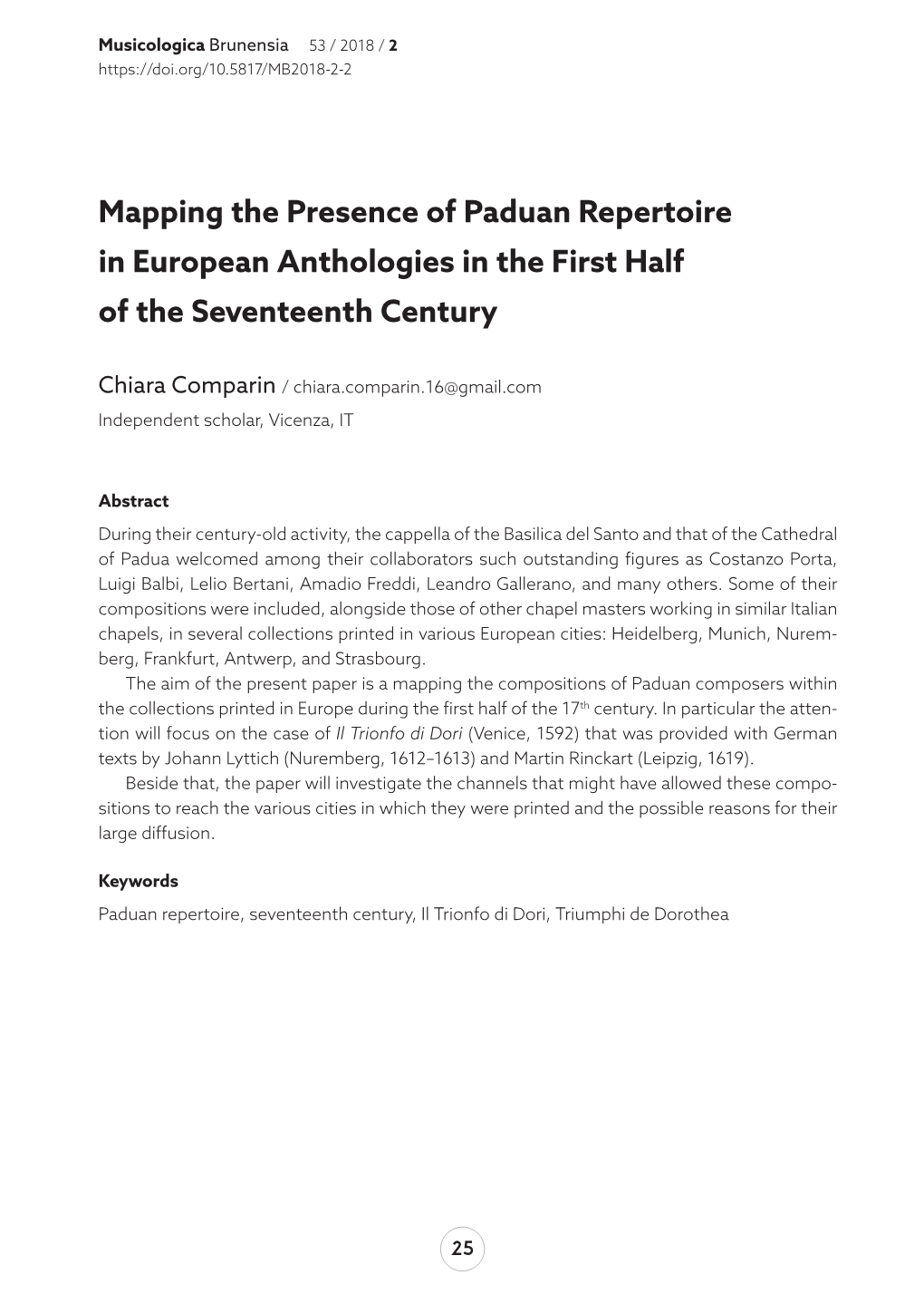 Mapping the Presence of Paduan Repertoire in European Anthologies in the First Half of the Seventeenth Century