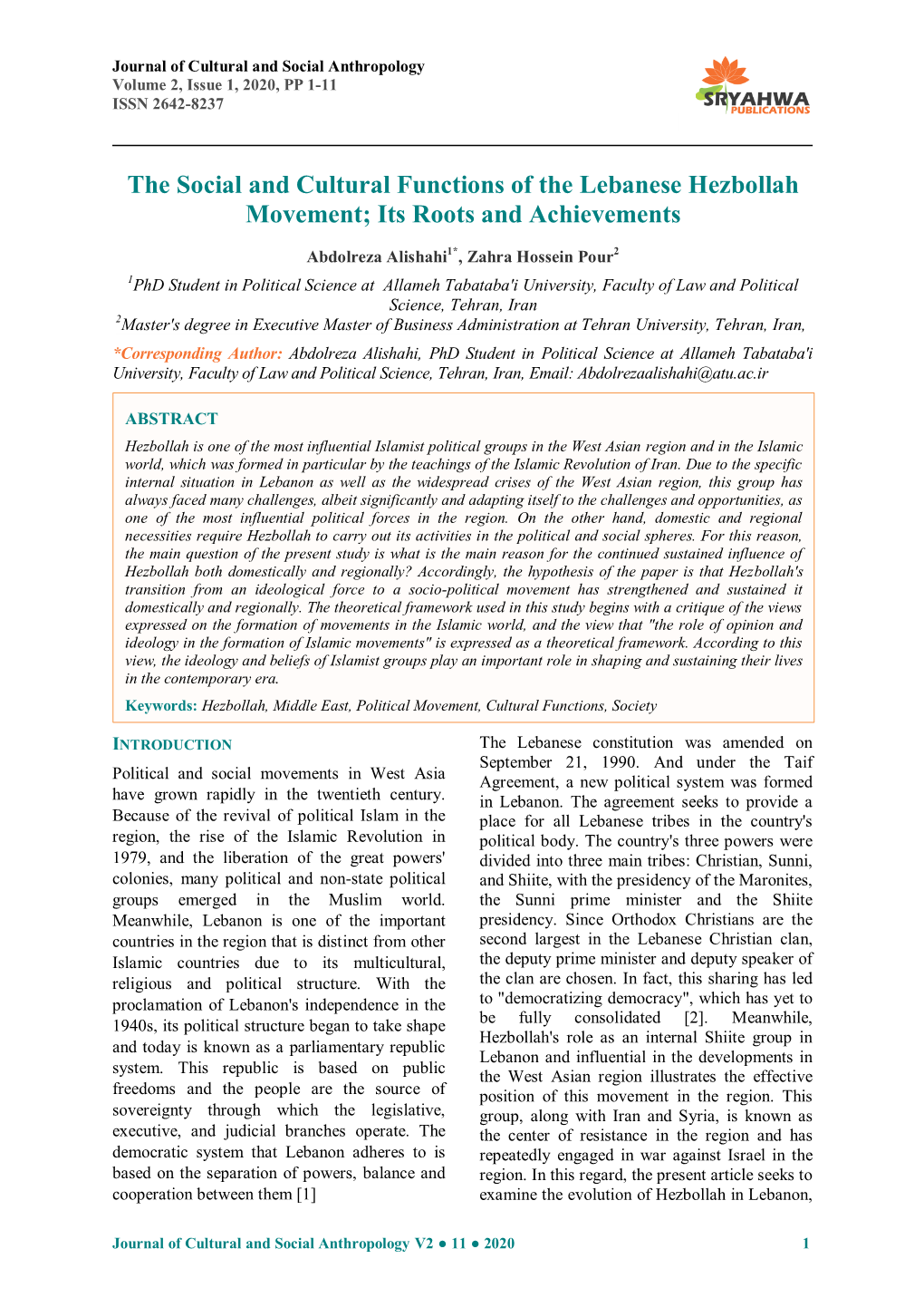 The Social and Cultural Functions of the Lebanese Hezbollah Movement; Its Roots and Achievements