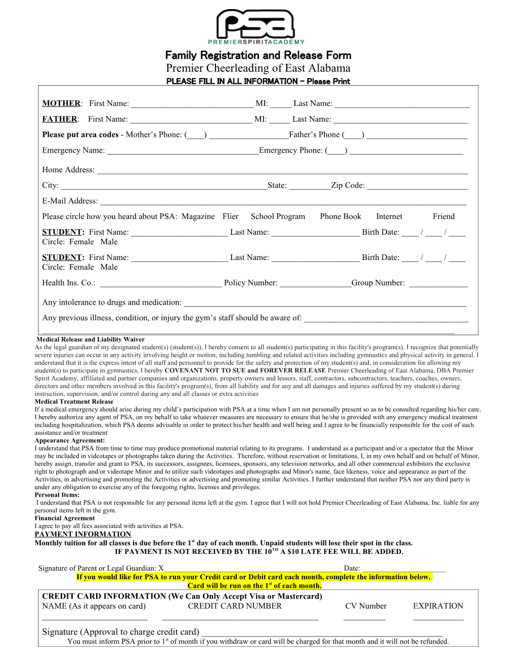 Family Registration and Release Form