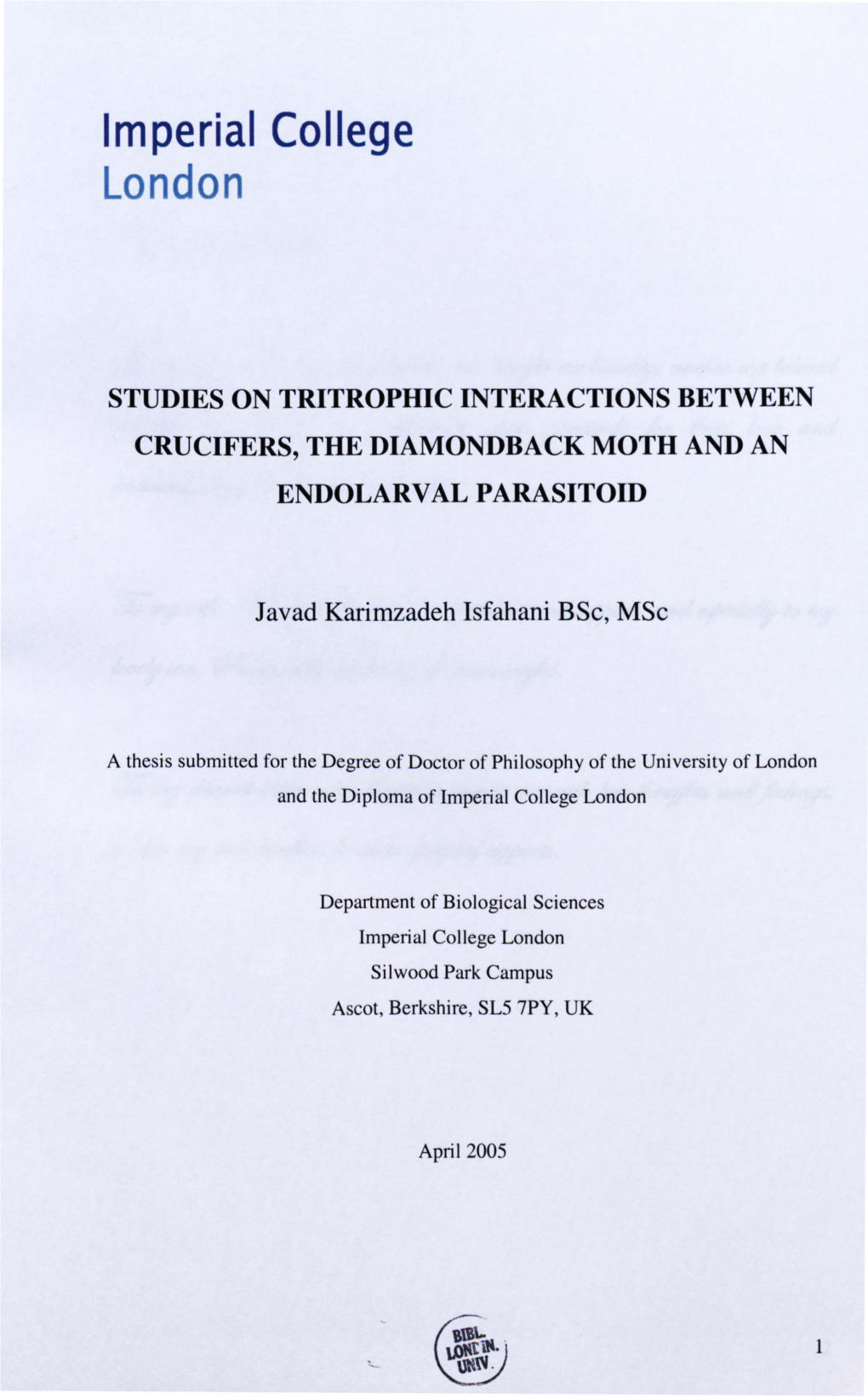 Studies on Tritrophic Interactions Between Crucifers, the Diamondback Moth and an Endolarval Parasitoid