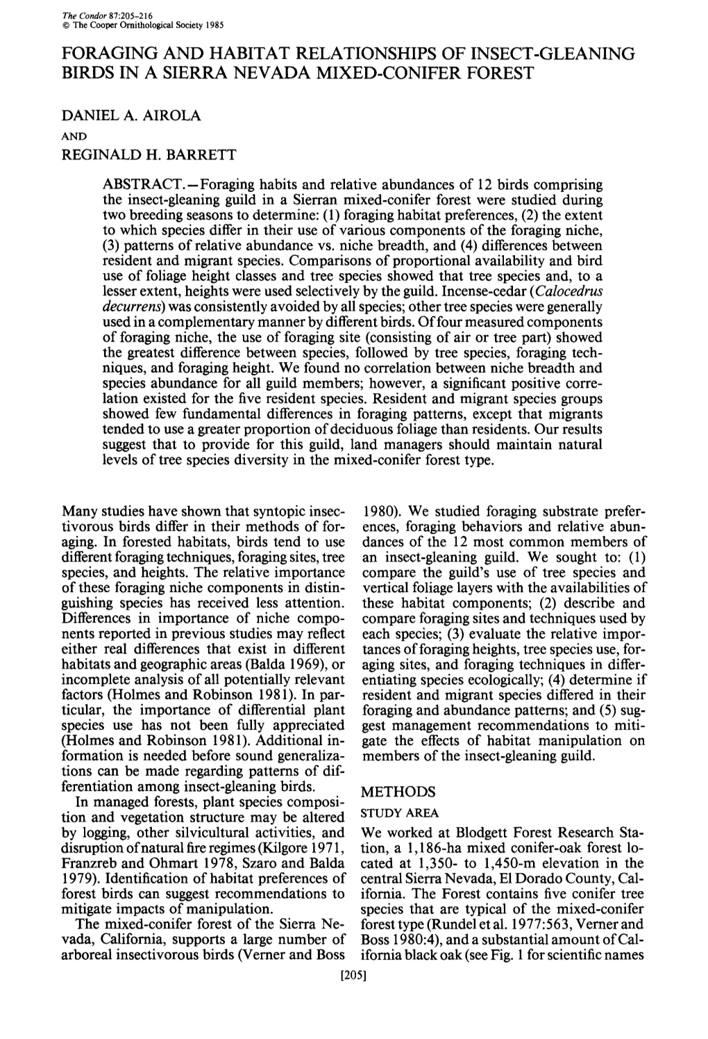 Foraging and Habitat Relationships of Insect-Gleaning Birds in a Sierra Nevada Mixed-Conifer Forest