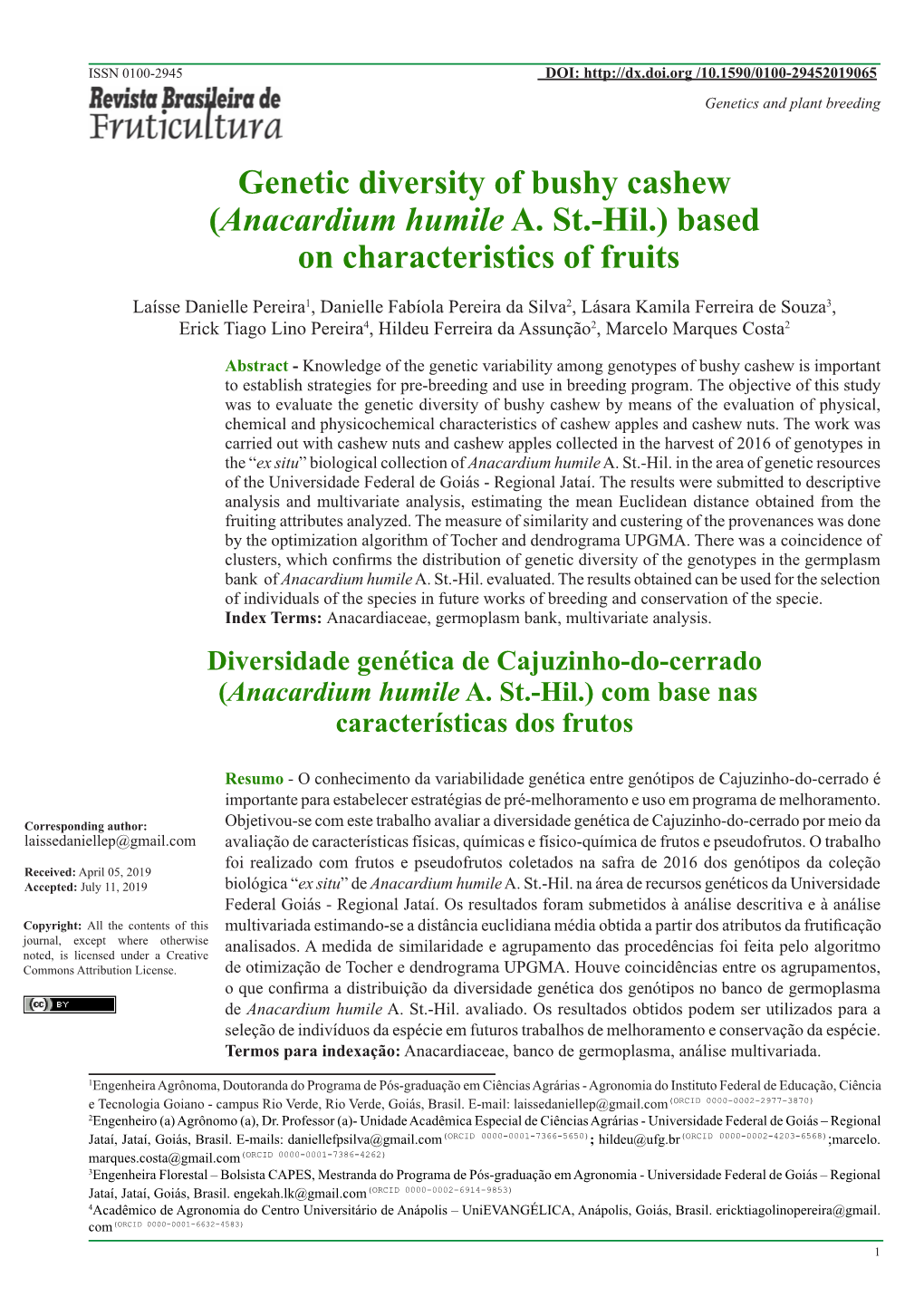 Genetic Diversity of Bushy Cashew (Anacardium Humile A. St.-Hil.) Based on Characteristics of Fruits