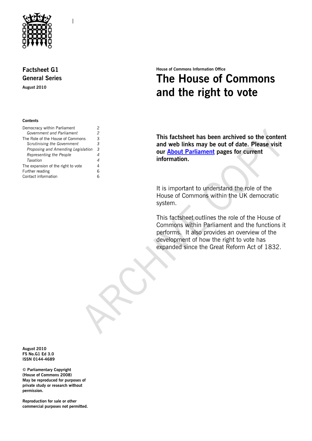 The House of Commons and the Right to Vote House of Commons Information Office Factsheet G01