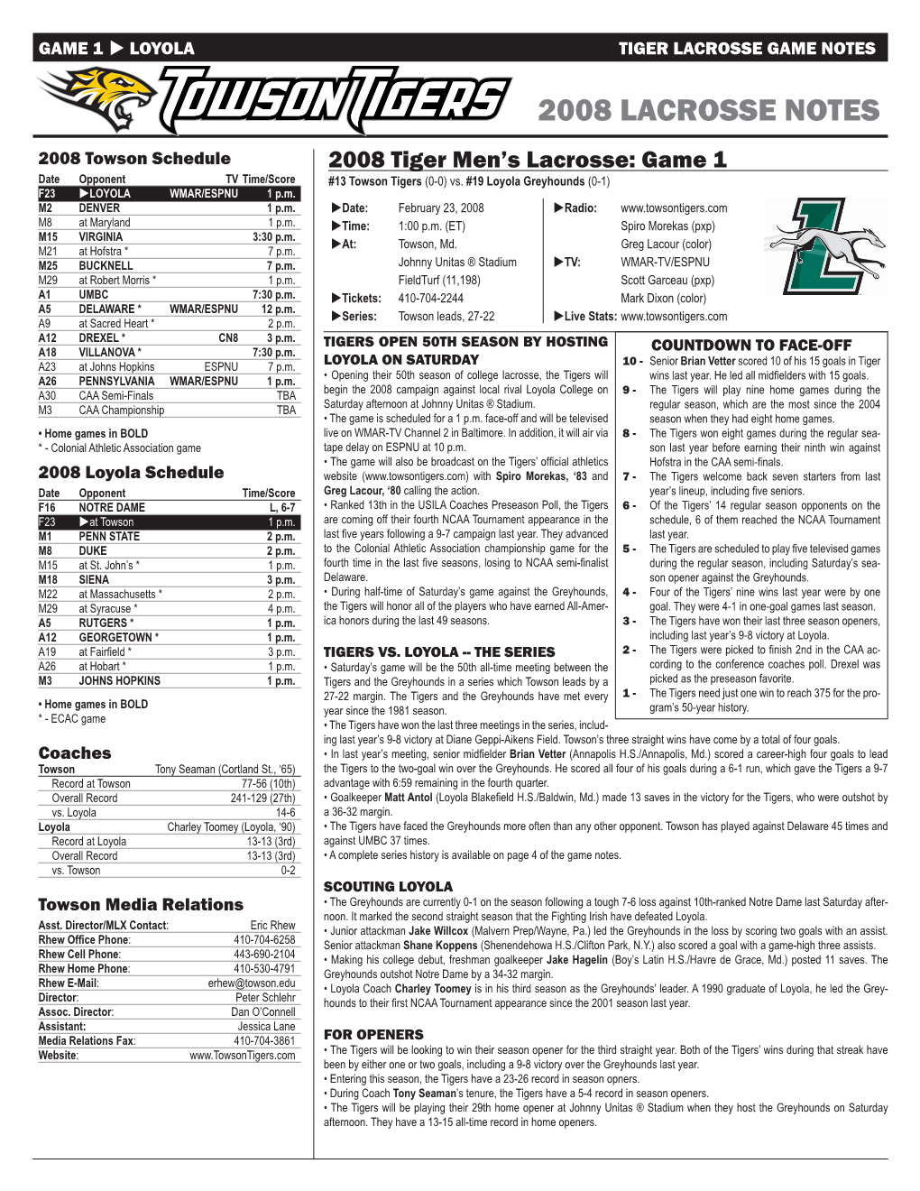2008 Tiger Men's Lacrosse Game Notes