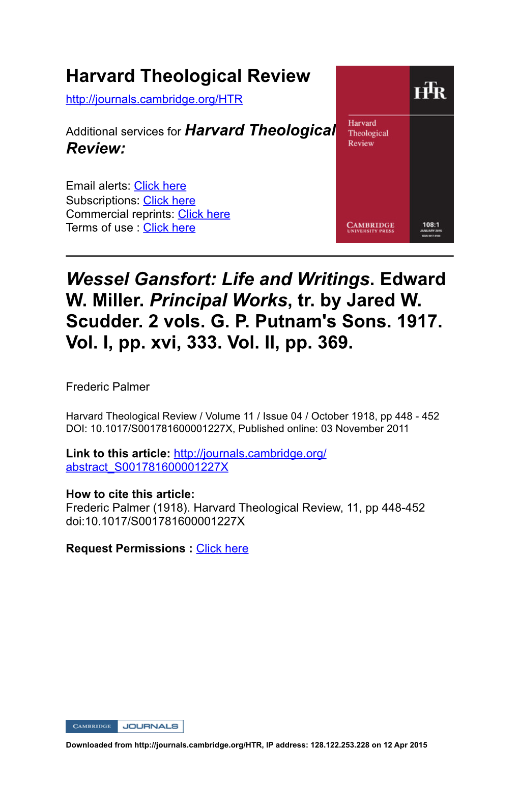 Harvard Theological Review Wessel Gansfort
