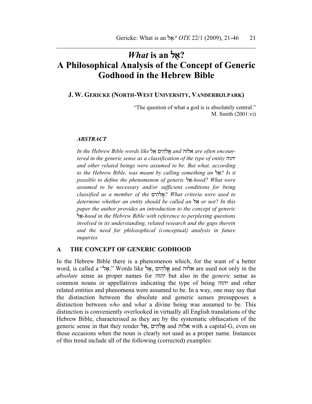 A Philosophical Analysis of the Concept of Generic Godhood in the Hebrew Bible