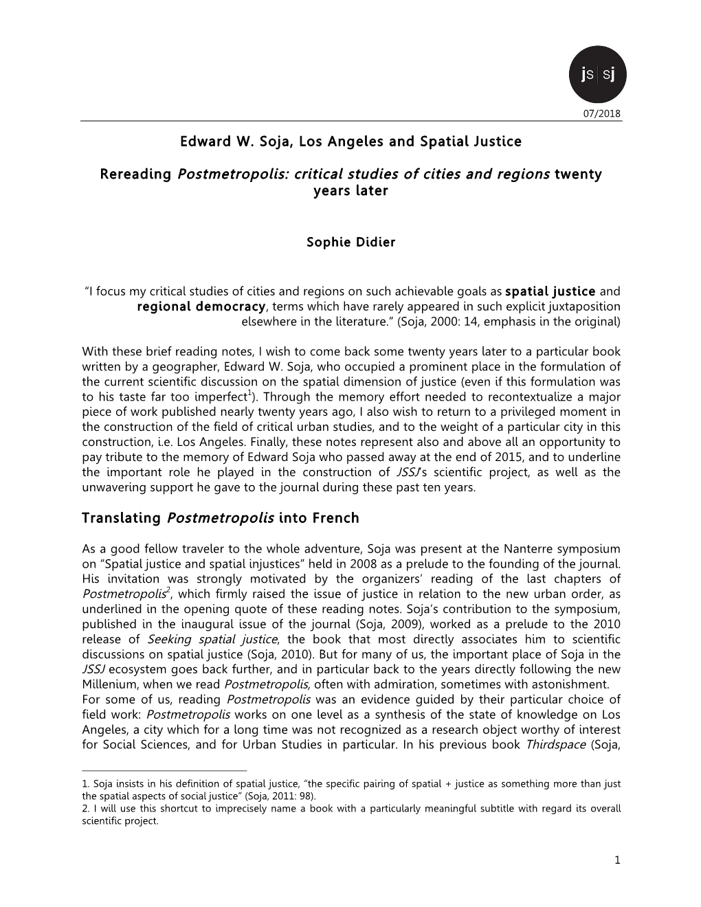 Edward W. Soja, Los Angeles and Spatial Justice