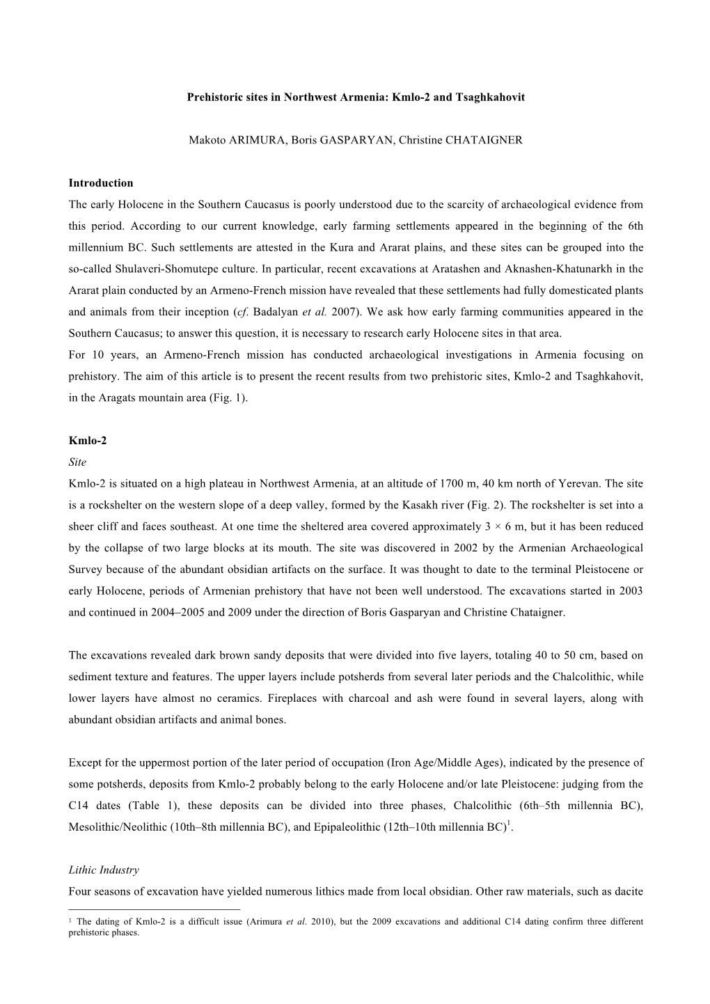 Prehistoric Sites in Northwest Armenia: Kmlo-2 and Tsaghkahovit