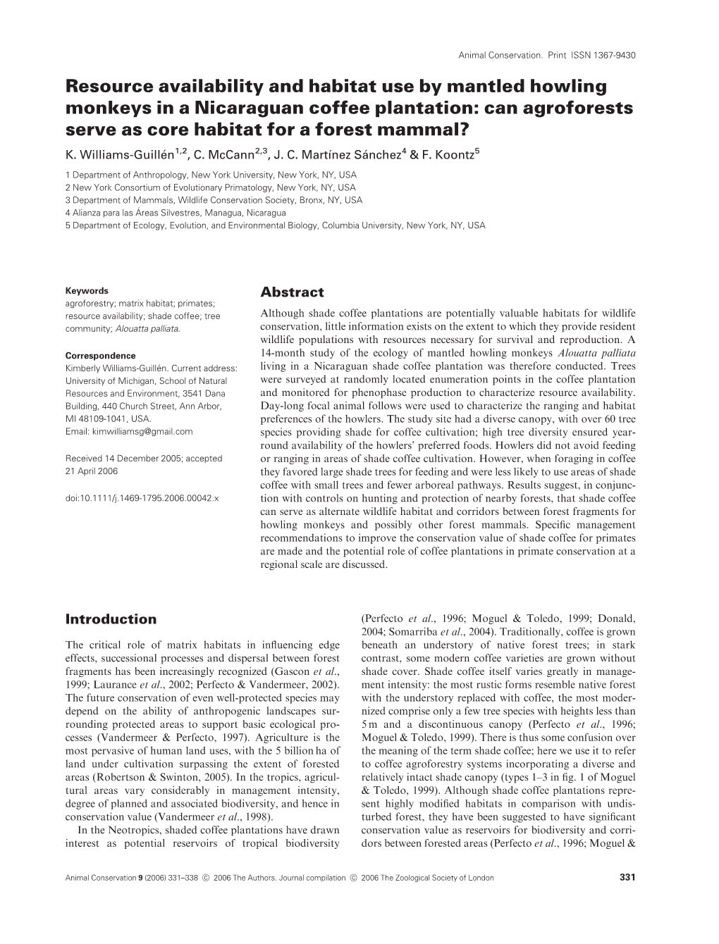 Resource Availability and Habitat Use by Mantled Howling Monkeys in a Nicaraguan Coffee Plantation: Can Agroforests Serve As Core Habitat for a Forest Mammal? K