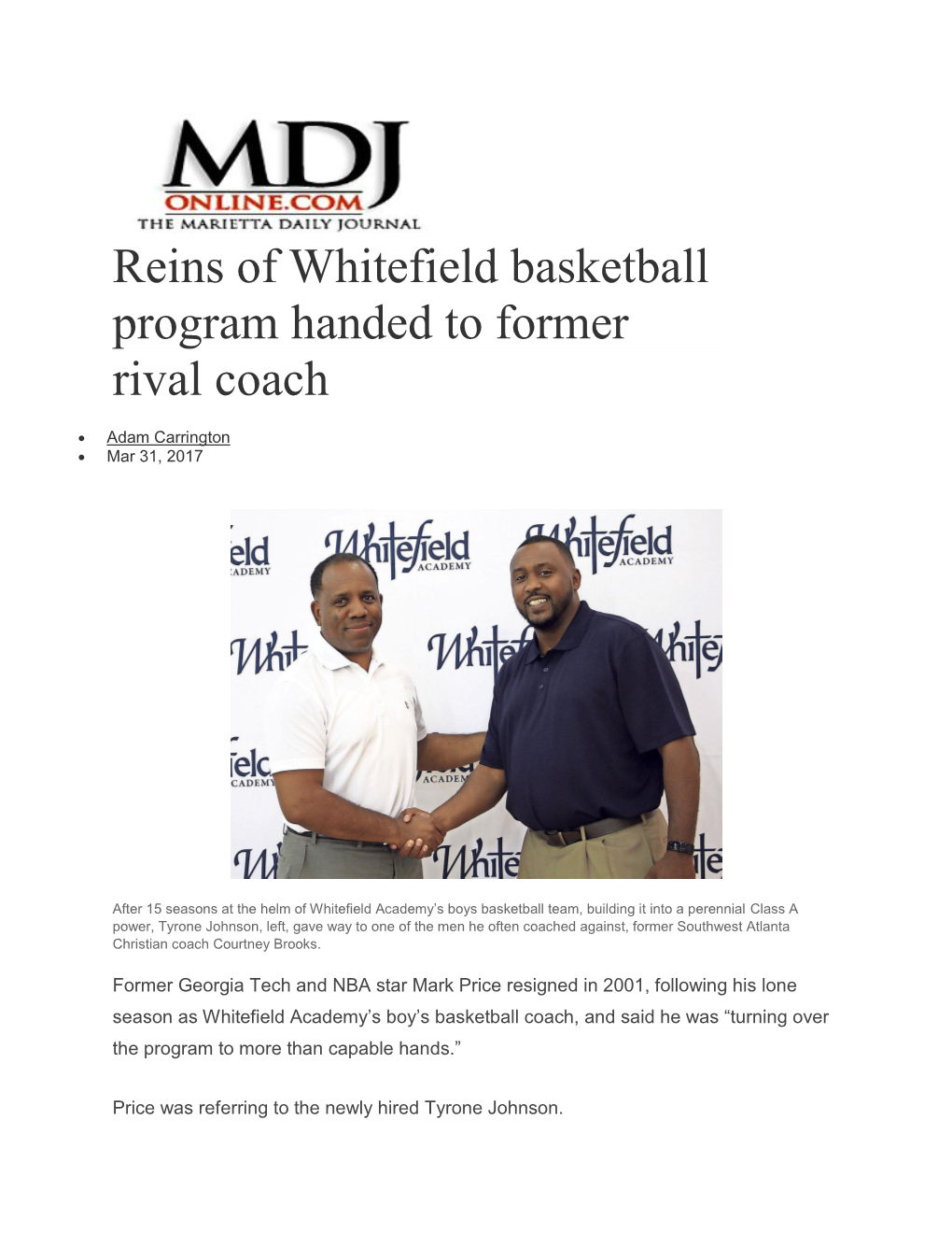 Reins of Whitefield Basketball Program Handed to Former Rival Coach