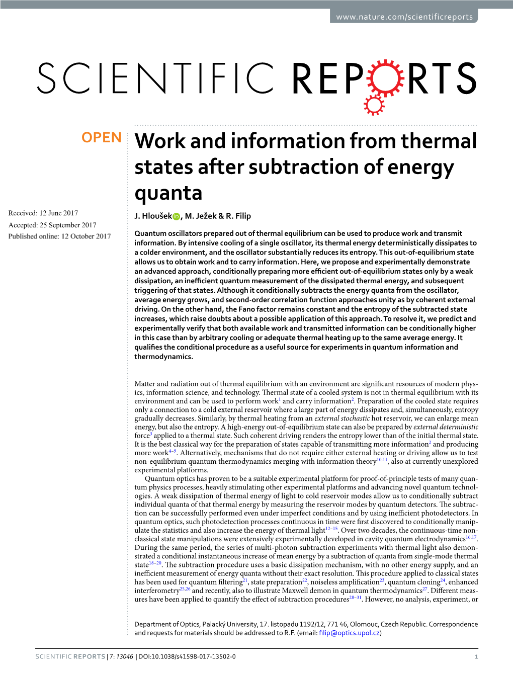 Work and Information from Thermal States After Subtraction of Energy Quanta Received: 12 June 2017 J