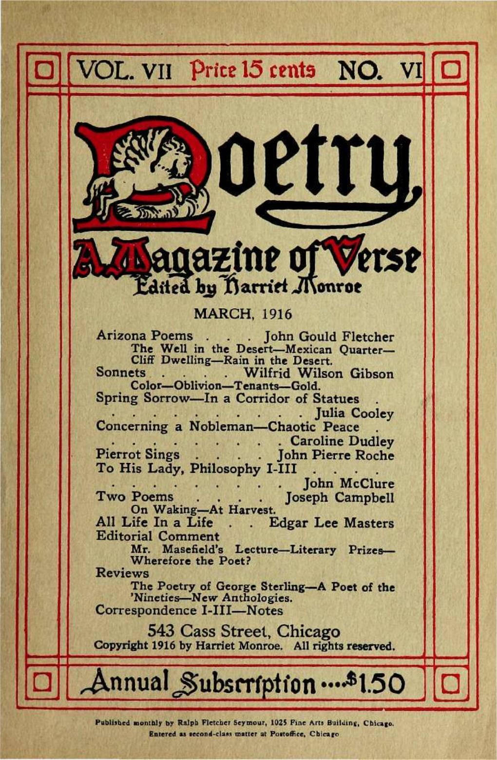 543 Cass Street, Chicago Copyright 1916 by Harriet Monroe