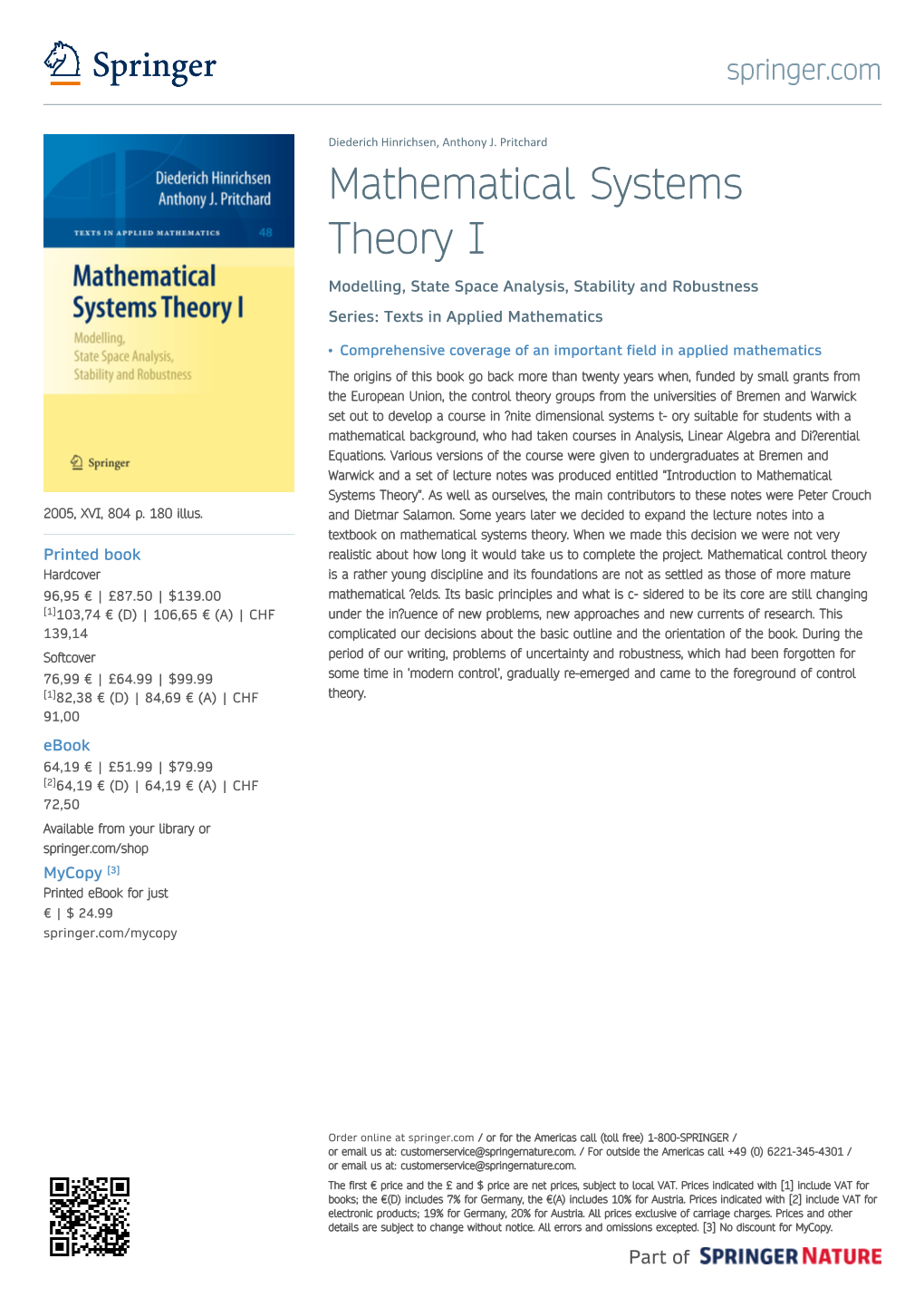 Mathematical Systems Theory I Modelling, State Space Analysis, Stability and Robustness Series: Texts in Applied Mathematics