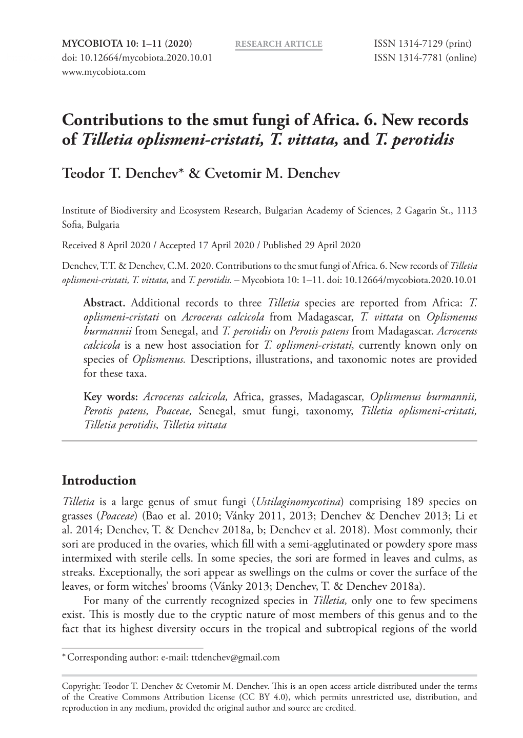 Contributions to the Smut Fungi of Africa. 6. New Records of Tilletia Oplismeni-Cristati, T