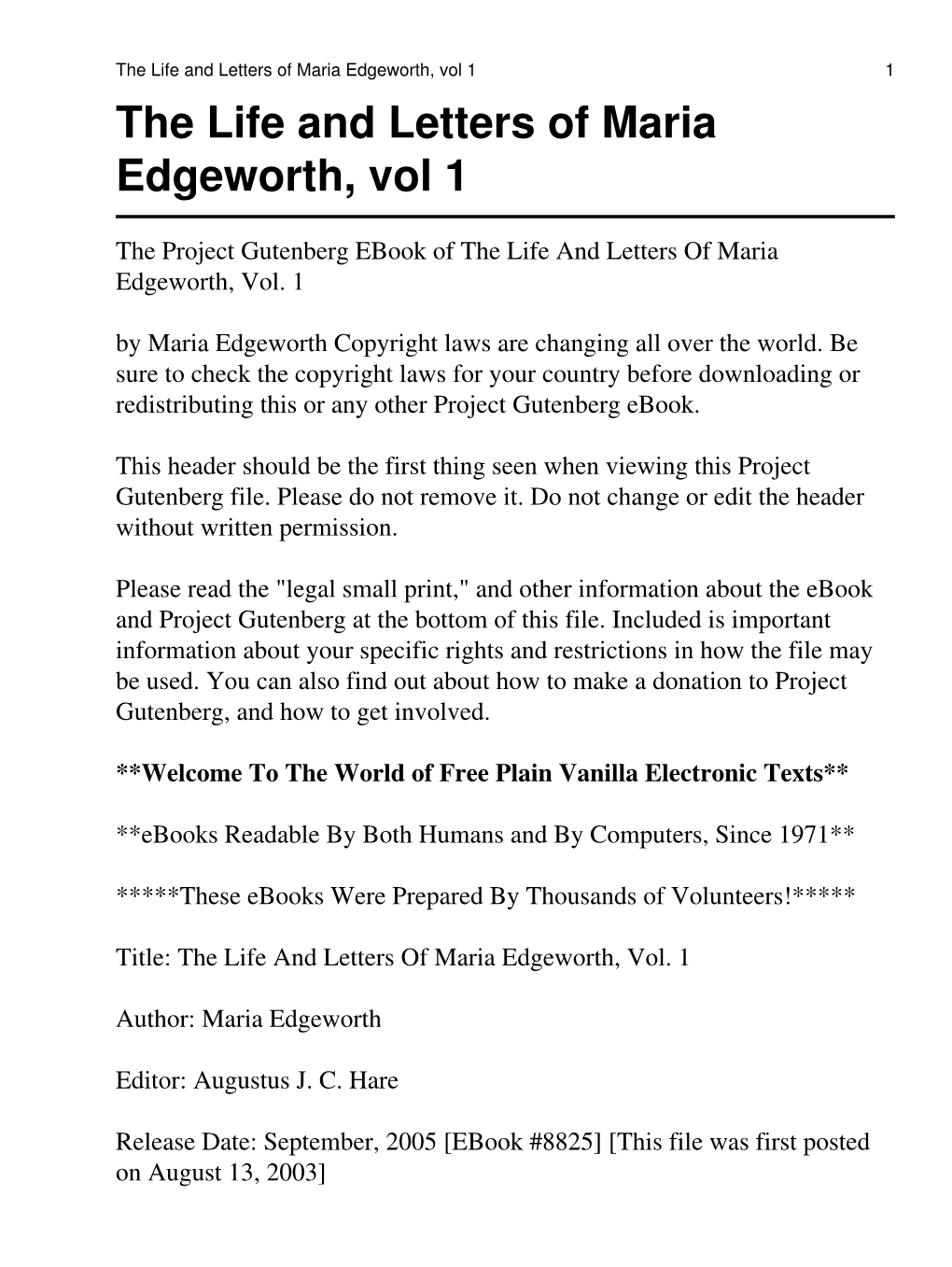 The Life and Letters of Maria Edgeworth, Vol 1 1 the Life and Letters of Maria Edgeworth, Vol 1