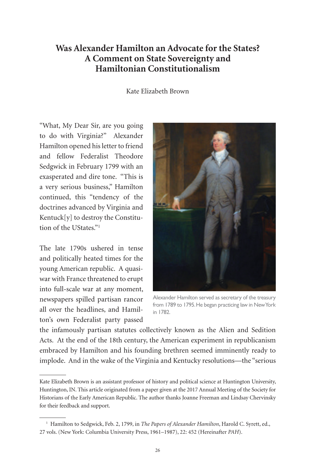 Was Alexander Hamilton an Advocate for the States? a Comment on State Sovereignty and Hamiltonian Constitutionalism