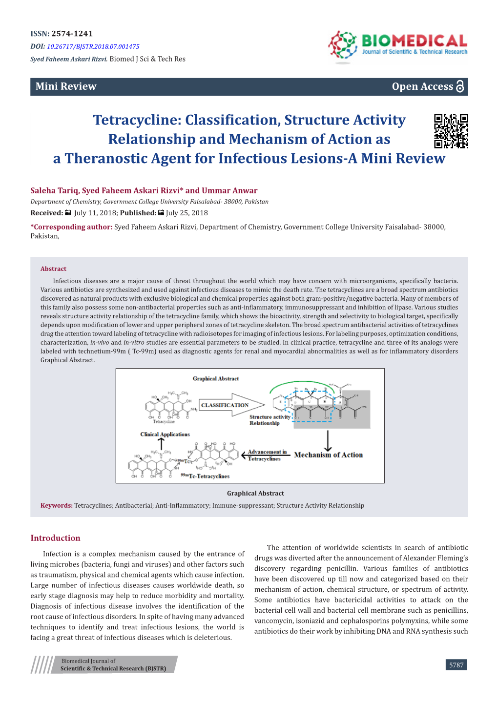 Tetracycline: Classification, Structure Activity Relationship and Mechanism of Action As a Theranostic Agent for Infectious Lesions-A Mini Review