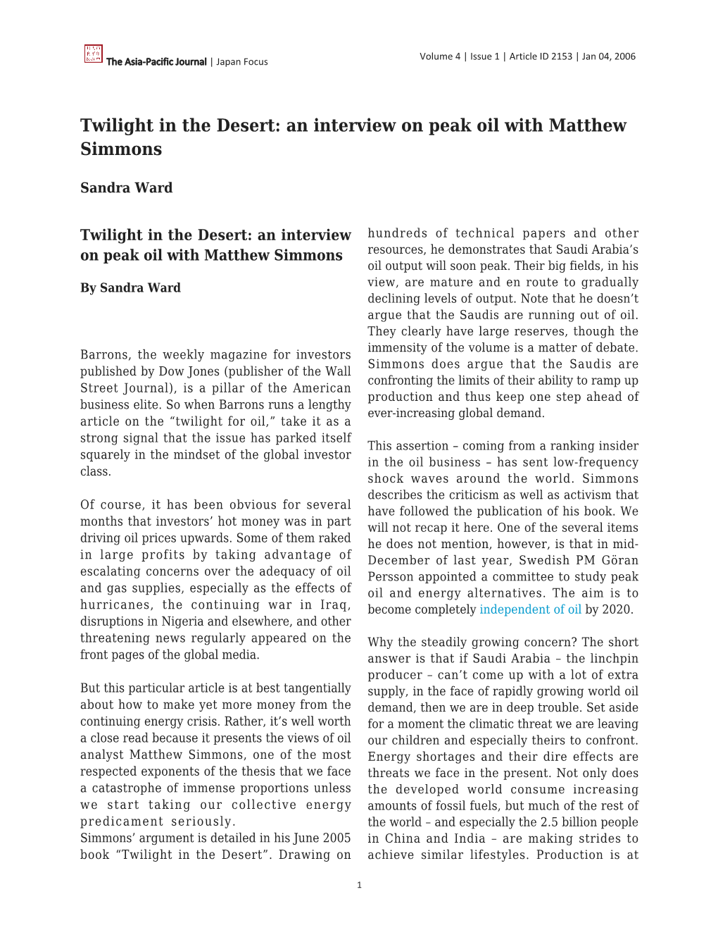 Twilight in the Desert: an Interview on Peak Oil with Matthew Simmons