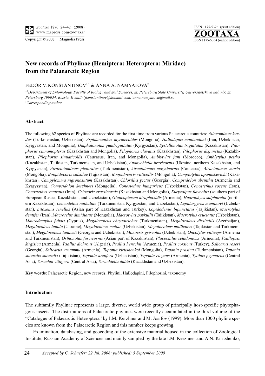 Hemiptera: Heteroptera: Miridae) from the Palaearctic Region