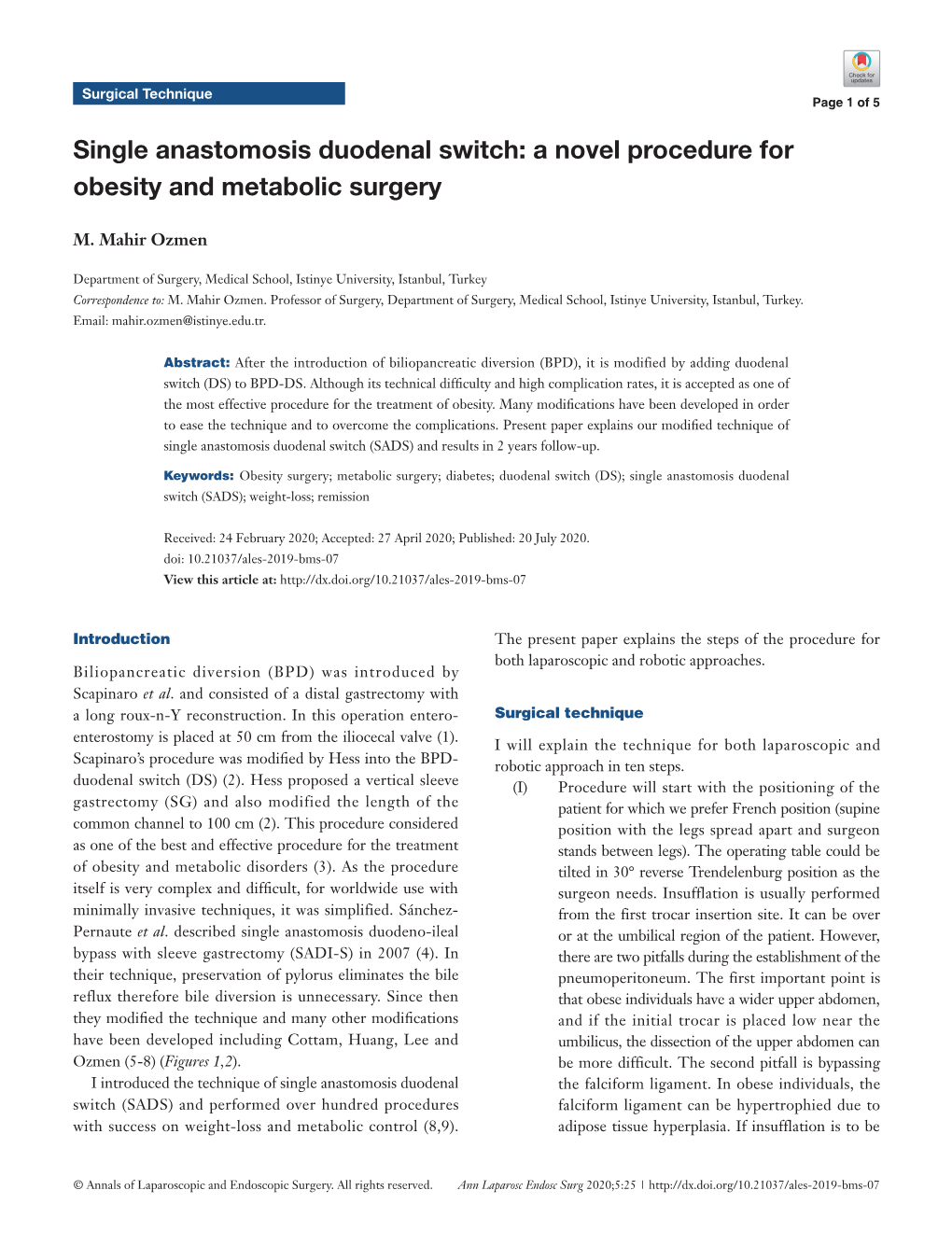 Single Anastomosis Duodenal Switch: a Novel Procedure for Obesity and Metabolic Surgery