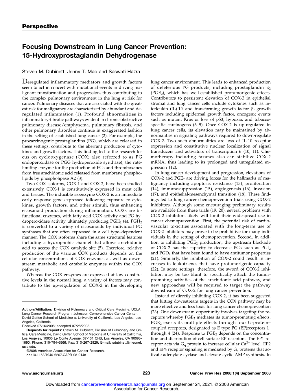 Focusing Downstream in Lung Cancer Prevention: 15-Hydroxyprostaglandin Dehydrogenase