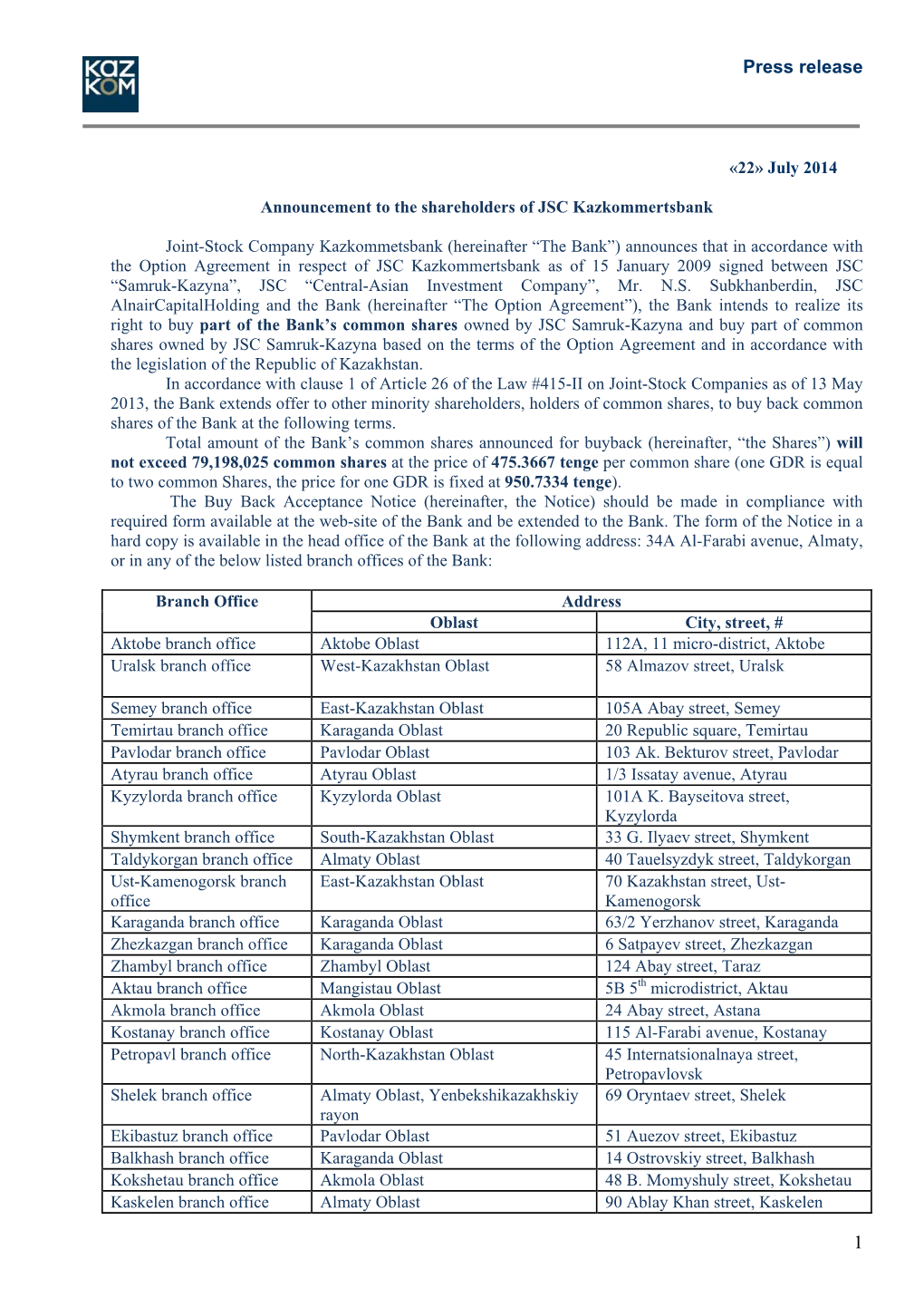 Announcement to the Shareholders of JSC Kazkommertsbank