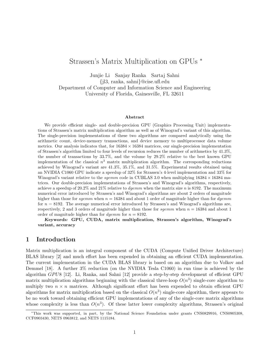 Strassen's Matrix Multiplication on Gpus