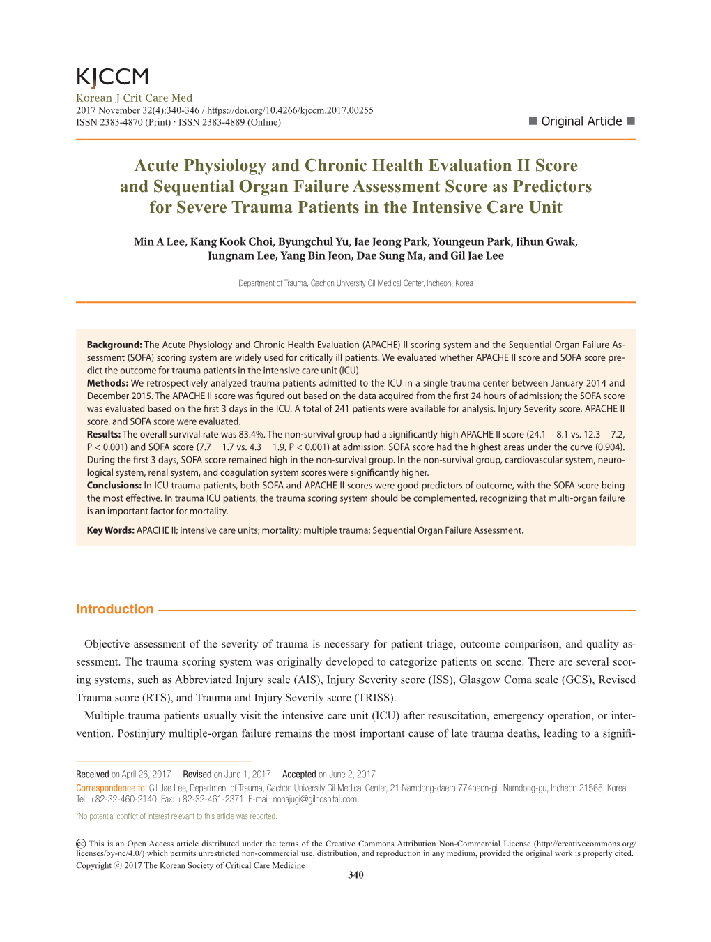 Acute Physiology and Chronic Health Evaluation II Score and Sequential