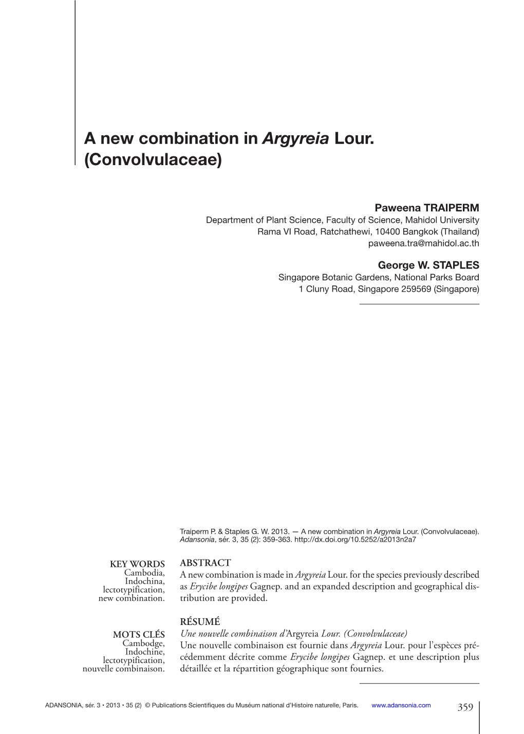 A New Combination in Argyreia Lour. (Convolvulaceae)