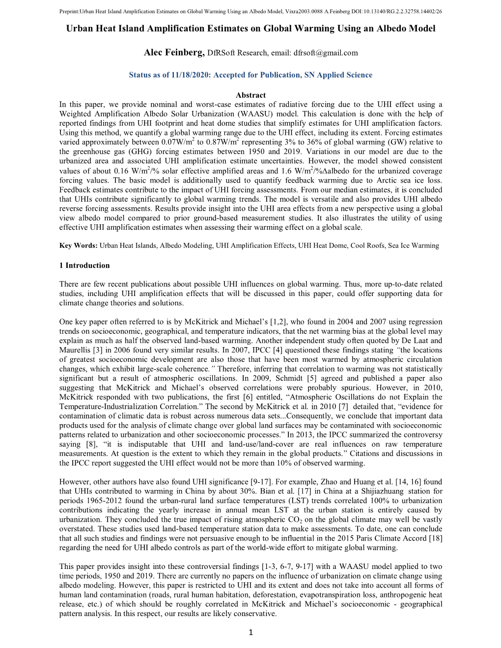 Urban Heat Island Amplification Estimates on Global Warming Using an Albedo Model, Vixra2003.0088 A.Feinberg DOI:10.13140/RG.2.2.32758.14402/26