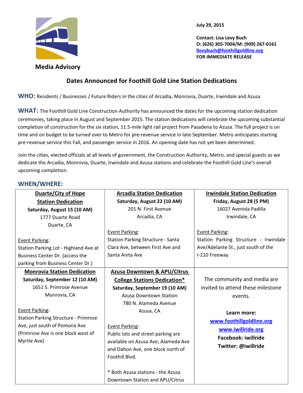 Media Advisory Dates Announced for Foothill Gold Line Station