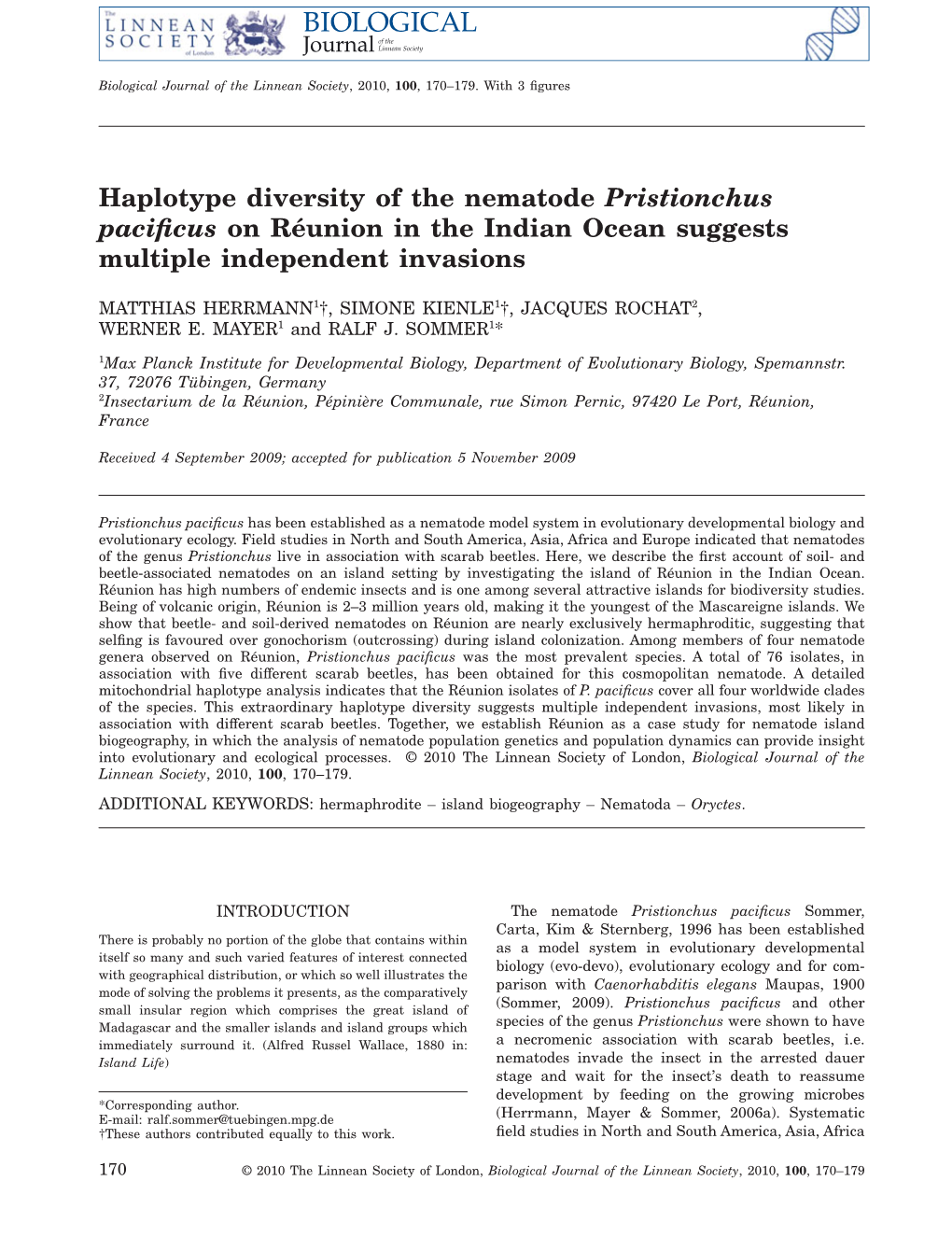 Haplotype Diversity of the Nematode Pristionchus Pacificus on Runion In