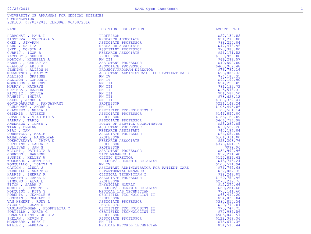 07/26/2016 UAMS Open Checkbook 1 UNIVERSITY of ARKANSAS FOR