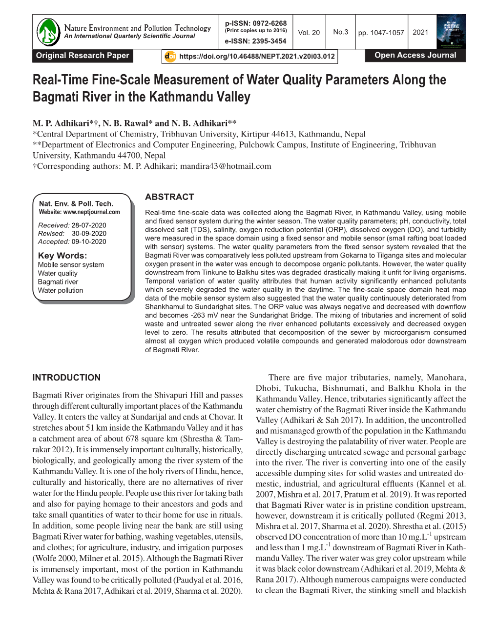 Real-Time Fine-Scale Measurement of Water Quality Parameters Along the Bagmati River in the Kathmandu Valley