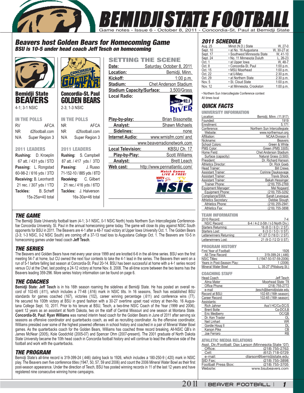 BEMIDJI STATE FOOTBALL Game Notes - Issue 6 - October 8, 2011 - Concordia-St