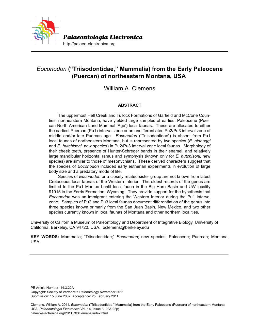 (“Triisodontidae,” Mammalia) from the Early Paleocene (Puercan) of Northeastern Montana, USA