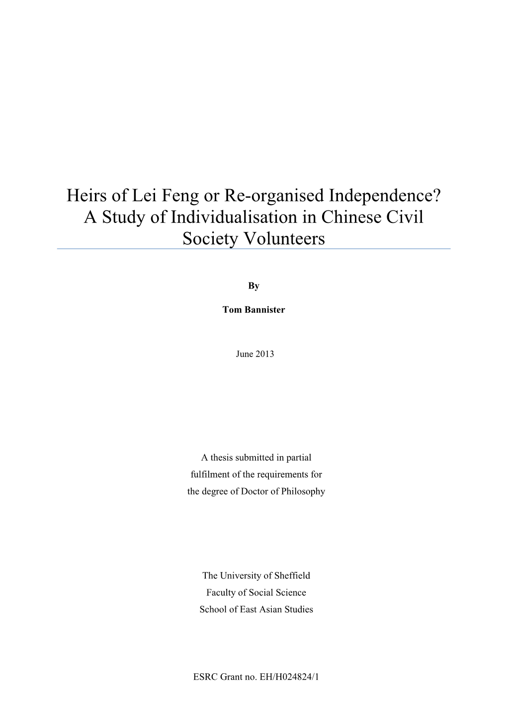 A Study of Individualisation in Chinese Civil Society Volunteers