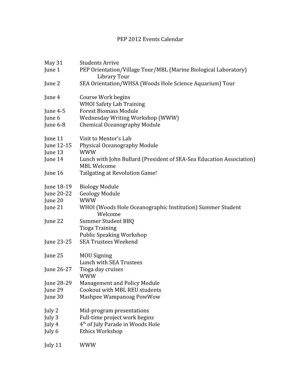 PEP 2012 Events Calendar