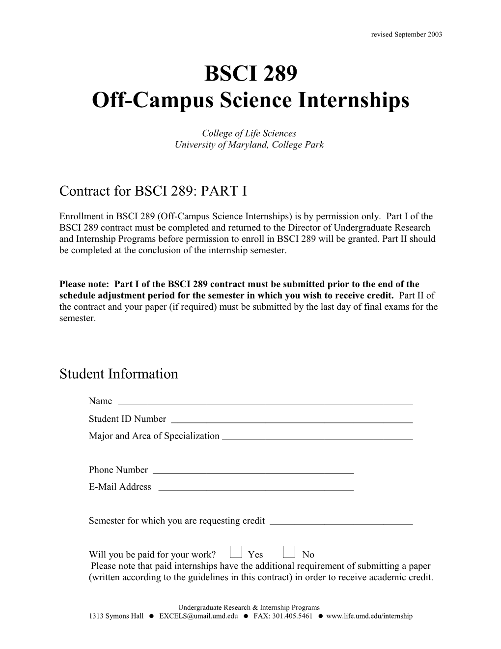 Contract of Credit for Off-Campus Research (BIOL 289)