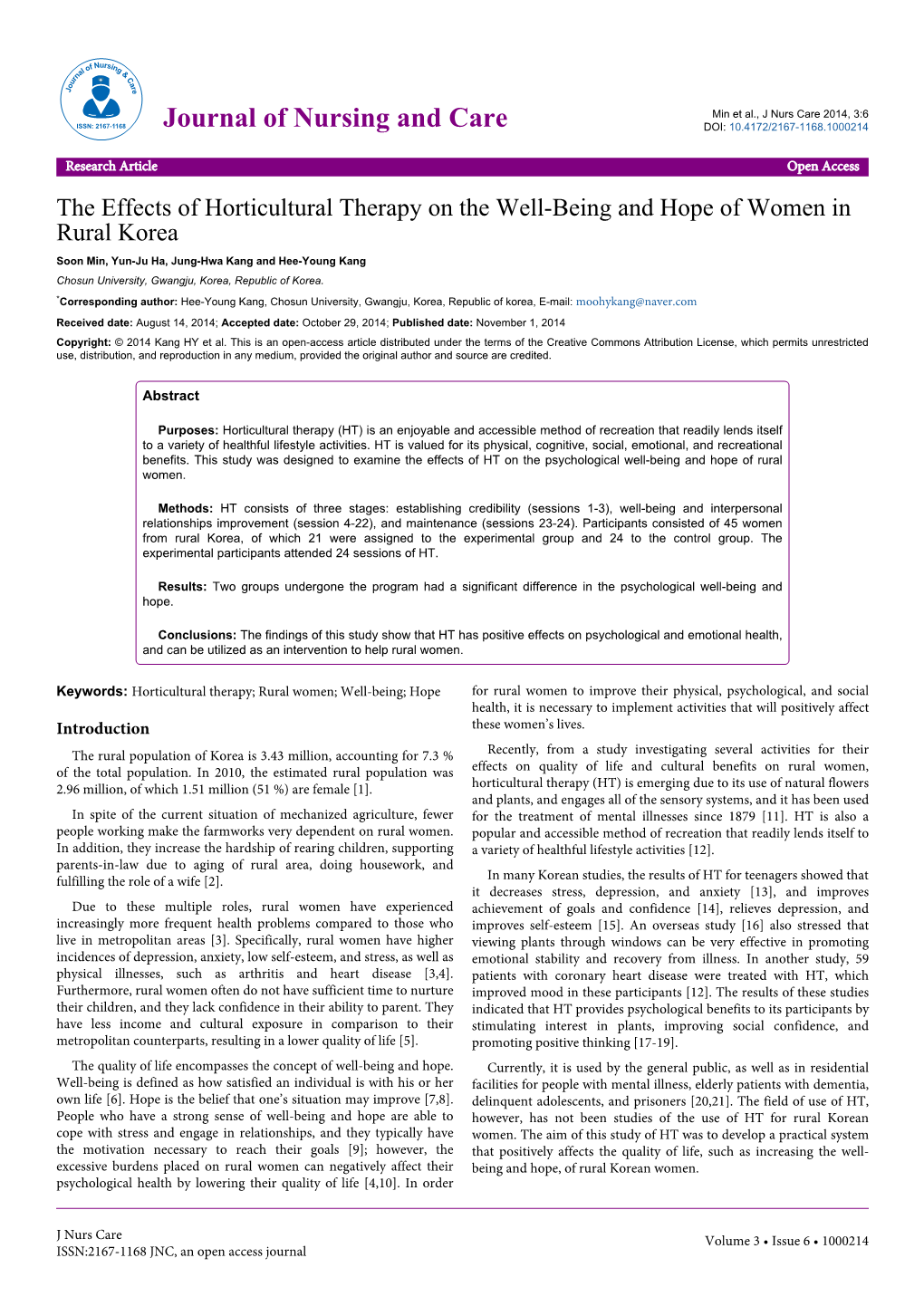 The Effects of Horticultural Therapy on the Well-Being and Hope Of
