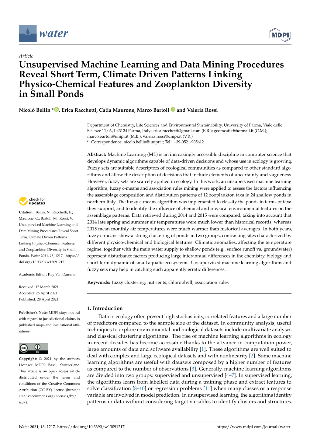 Unsupervised Machine Learning and Data Mining Procedures Reveal Short Term, Climate Driven Patterns Linking Physico-Chemical