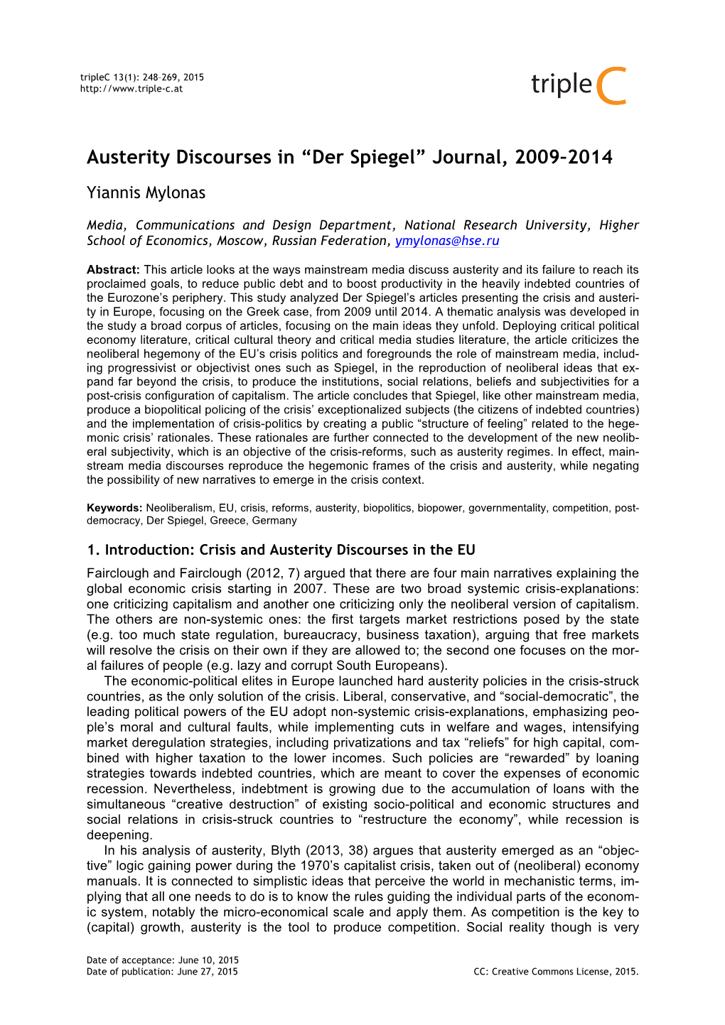 Austerity Discourses in “Der Spiegel” Journal, 2009–2014