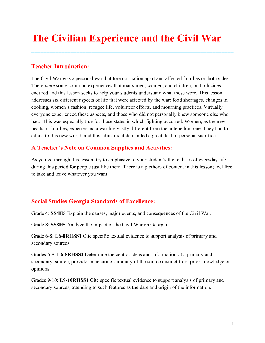 The Civilian Experience and the Civil War ______