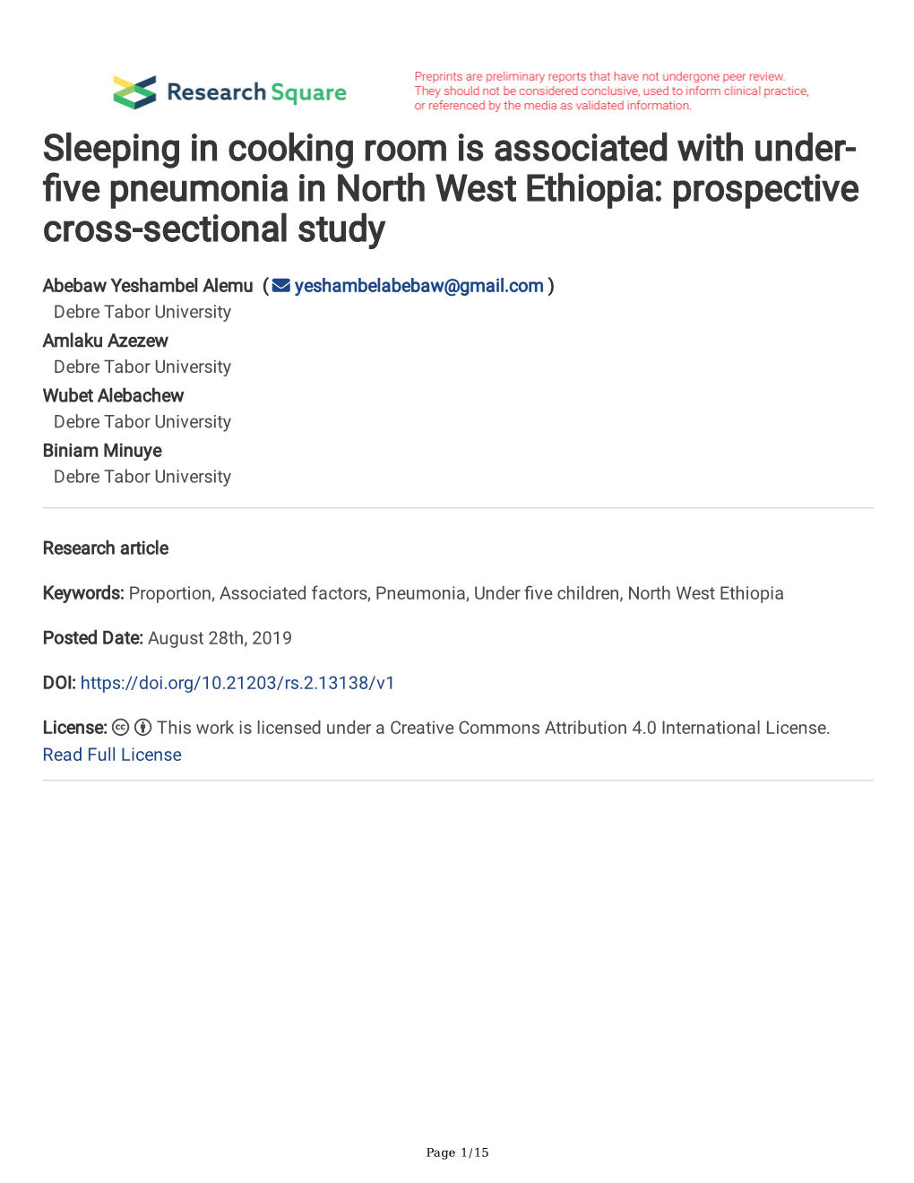 Sleeping in Cooking Room Is Associated with Under- Fve Pneumonia in North West Ethiopia: Prospective Cross-Sectional Study