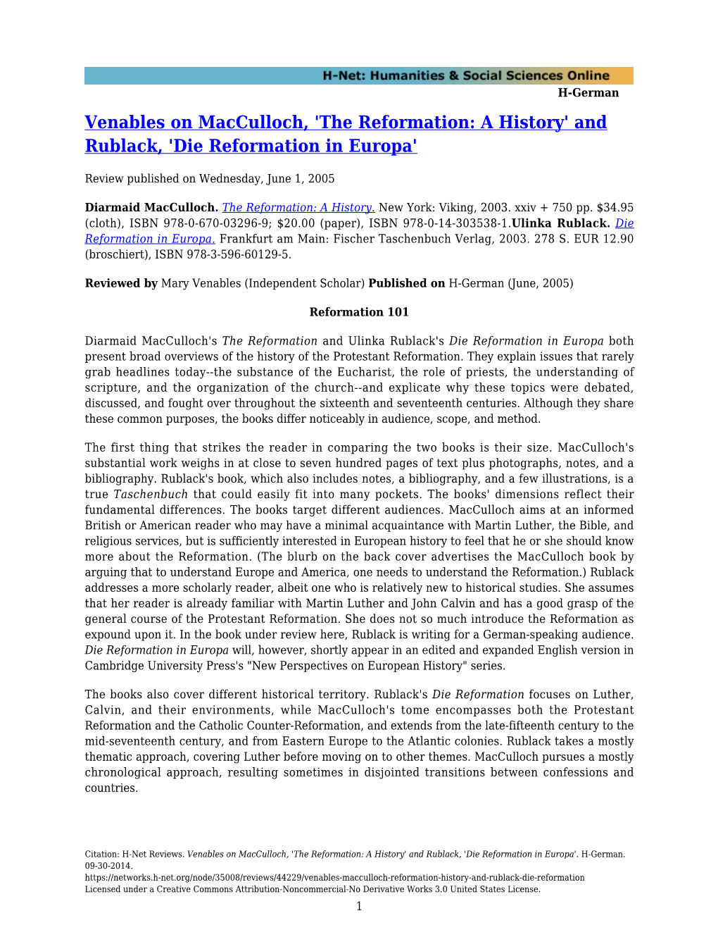 Venables on Macculloch, 'The Reformation: a History' and Rublack, 'Die Reformation in Europa'