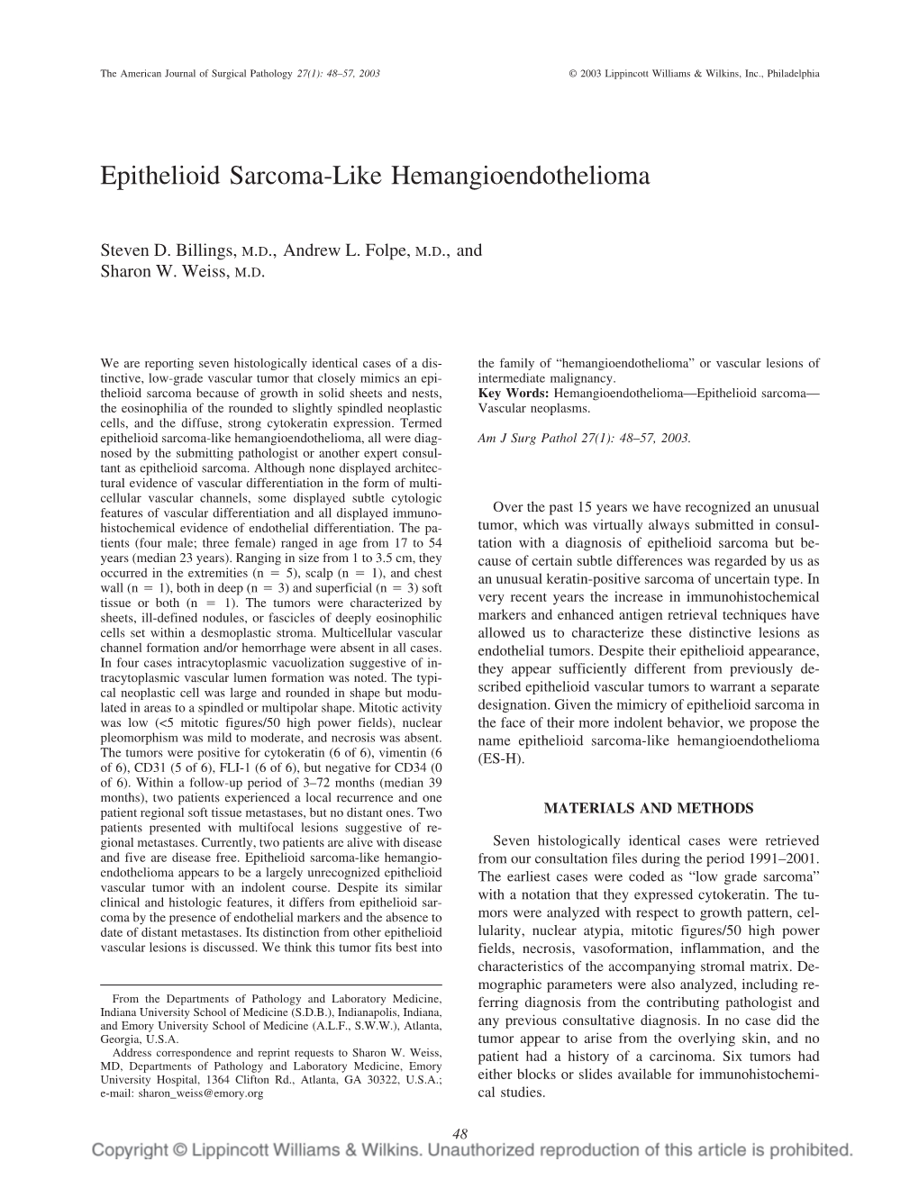 Epithelioid Sarcoma-Like Hemangioendothelioma