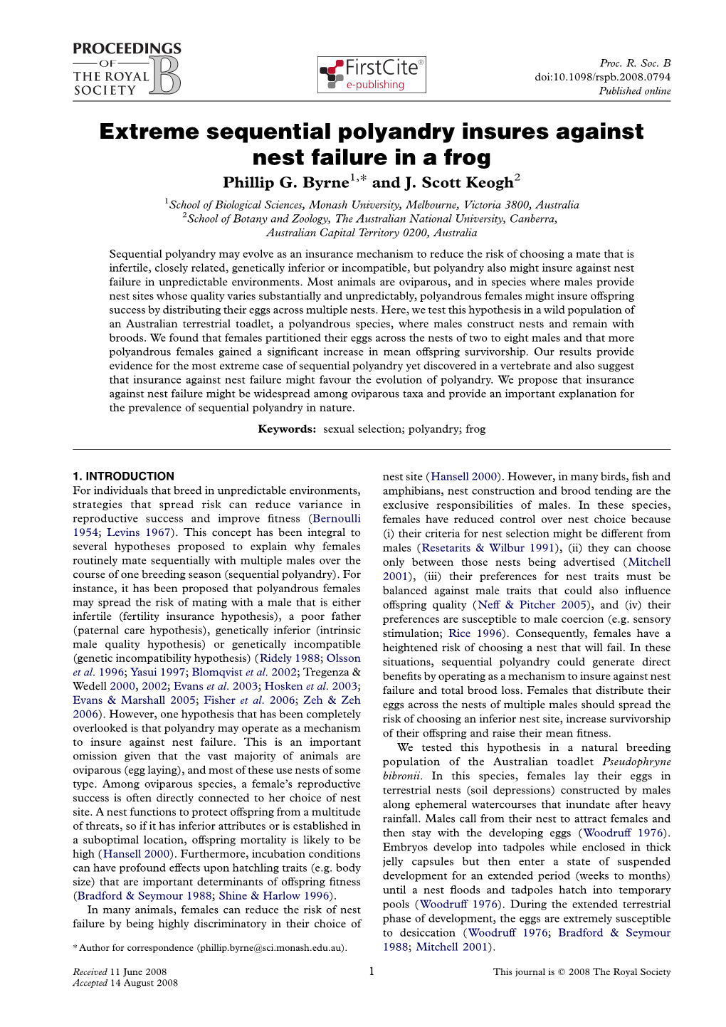 Extreme Sequential Polyandry Insures Against Nest Failure in a Frog Phillip G