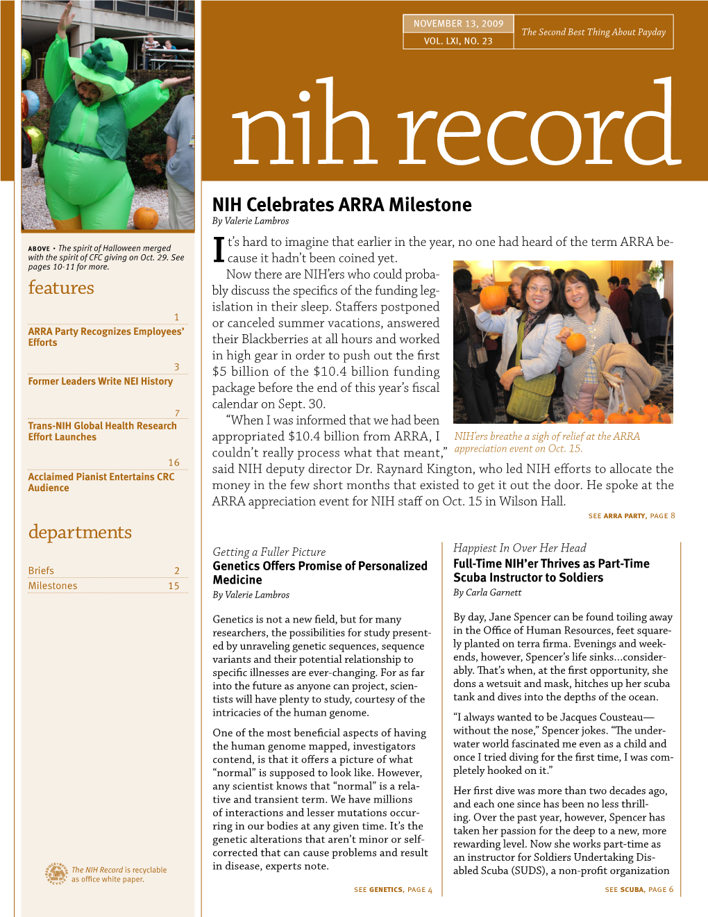 November 13, 2009, NIH Record, Vol. LXI, No. 23