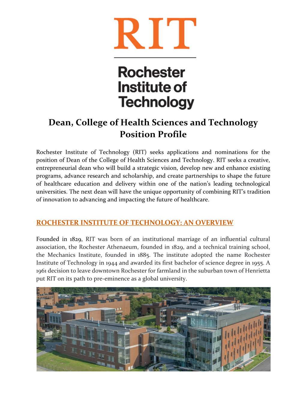 Dean, College of Health Sciences and Technology Position Profile